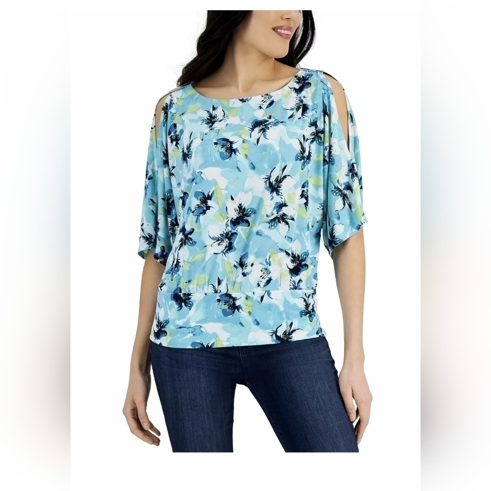 JM Collection Women's Abstract Print Cutout Sleeve Top Created for Macy's Sz M